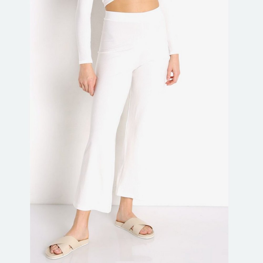 L*SPACE Women's sz XS Charlie Pant White Ribbed Cropped Crop Wide Leg Pull On
